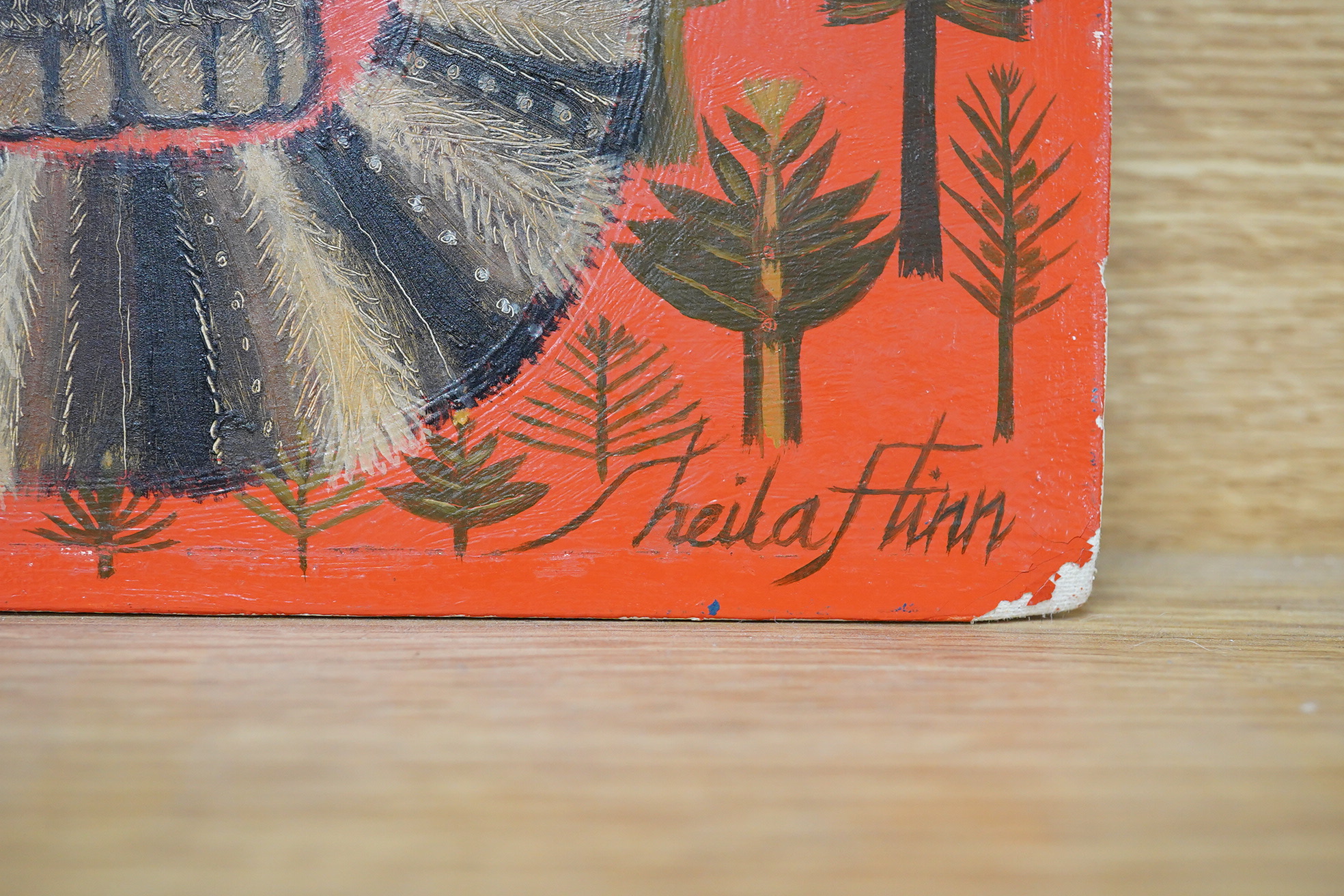 Sheila Flinn (b.1929), Abstract study of a cat amongst flowers, signed, oil on canvas board, unframed, 25 x 20cm